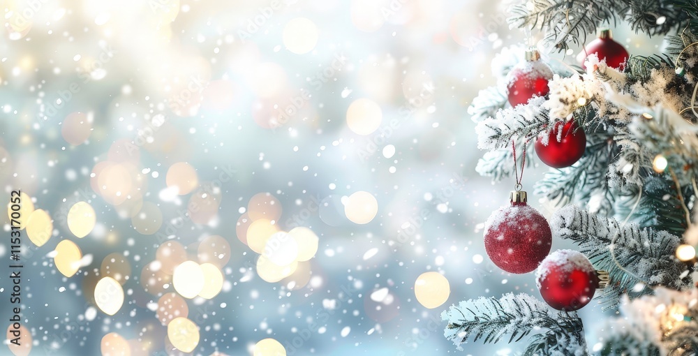 Festive Christmas Tree with Red Ornaments and Snowflakes Festive Christmas Tree with Red Ornaments and Snowflakes