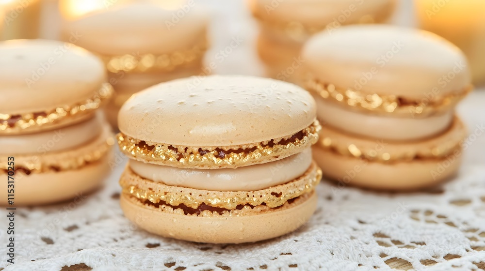 elegant gold macarons on lace - - close-up food photography elegant gold macarons on lace - - close-up food photography
