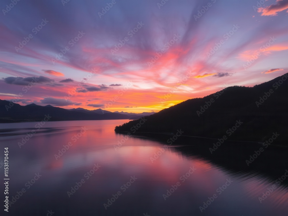 Fototapeta premium Serene Sunset Over Calm Waters with Colorful Clouds and Majestic Mountains in the Distance, Capturing the Beauty of Nature's Evening Palette
