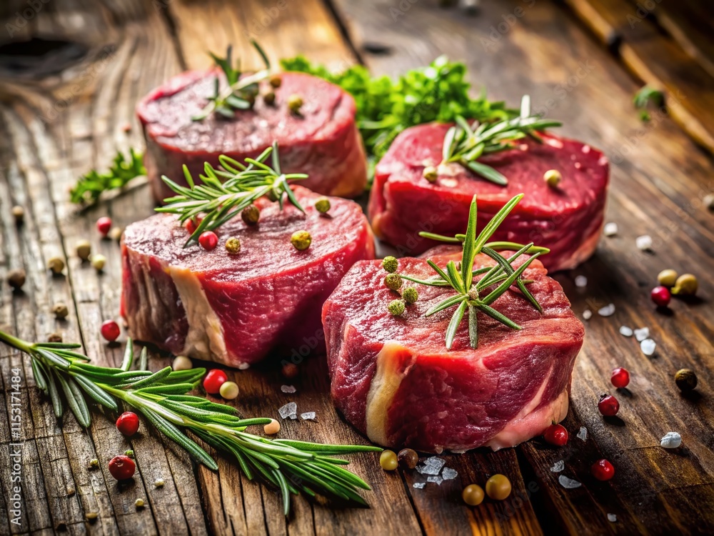 Juicy Raw Filet Mignon Steak Ready for Grilling on Rustic Wooden Table with Fresh Herbs Juicy Raw Filet Mignon Steak Ready for Grilling on Rustic Wooden Table with Fresh Herbs