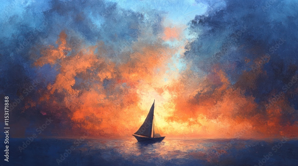 Fototapeta premium A serene sailing scene at sunset with vibrant colors illuminating the sky.