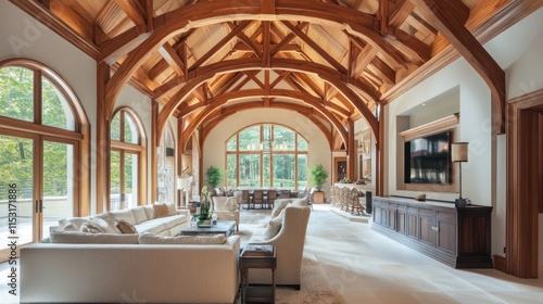 Spacious Living Room with Vaulted Wooden Ceiling and Large Windows