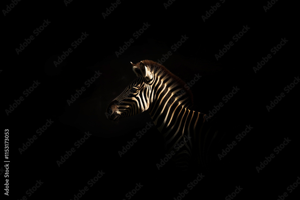 Naklejka premium Zebra on a Black Background. Black and White Striped Zebra. Generative AI