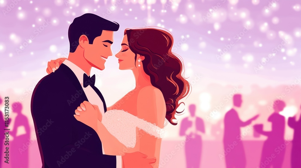 Romantic couple slow dancing at wedding reception. Romantic couple slow dancing at wedding reception.