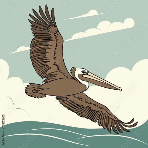 A stunning vector artwork of a brown pelican soaring gracefully over the sea.