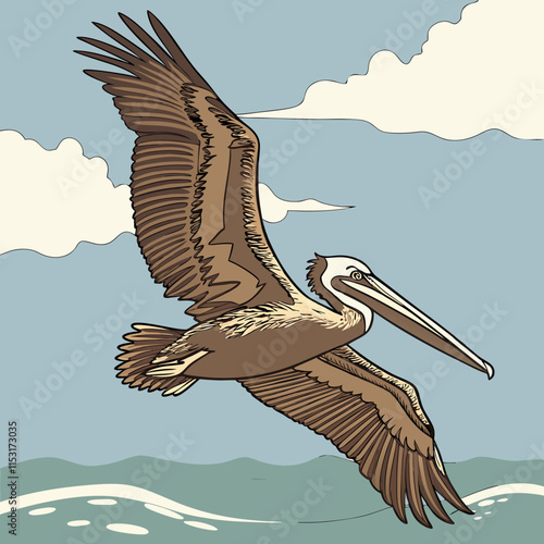 A stunning vector artwork of a brown pelican soaring gracefully over the sea.