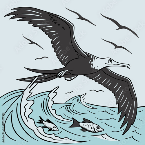 Frigatebird flying over ocean, catching fish, vibrant vector artwork.