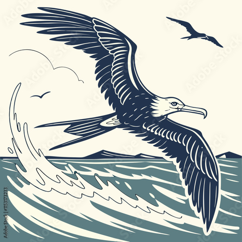 Frigatebird flying over ocean, catching fish, vibrant vector artwork.