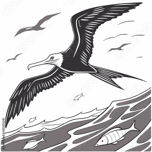 Frigatebird flying over ocean, catching fish, vibrant vector artwork.