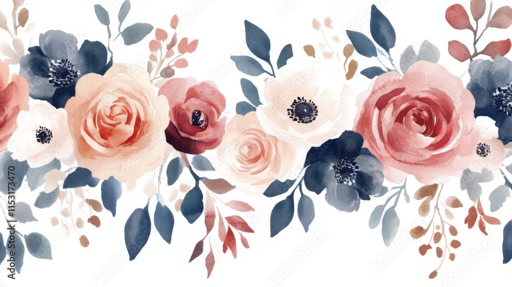 Fototapeta premium Watercolor Floral Bouquet Design with Roses and Anemones