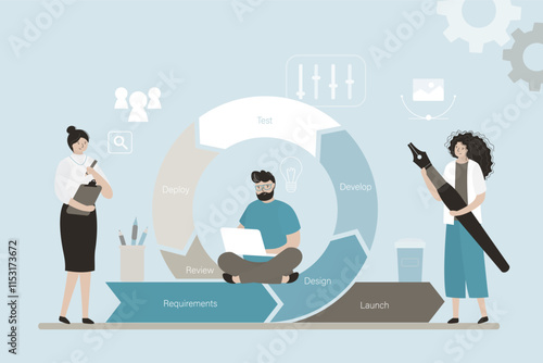 Agile methodology, business project development process, daily decisions management method. Business people team at work on flexible circular arrow.