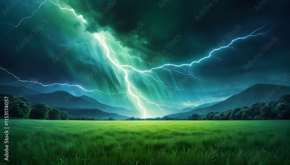 Dramatic Lightning Storm Over Lush Green Field and Mountains