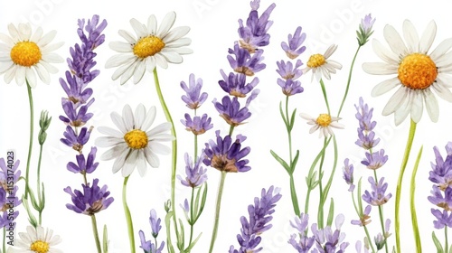 Watercolor Floral Pattern with Lavender and Chamomile