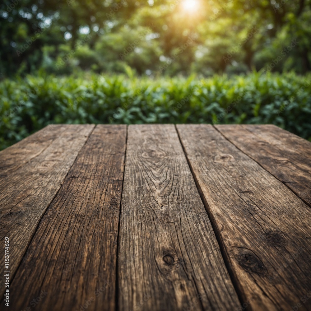 Fototapeta premium Wooden table and blurred green nature garden background.