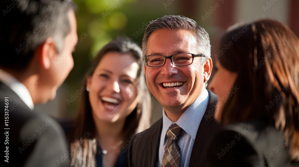 A happy group of business professionals participating in a feedback session, laughing and sharing ideas A happy group of business professionals participating in a feedback session, laughing and sharing ideas