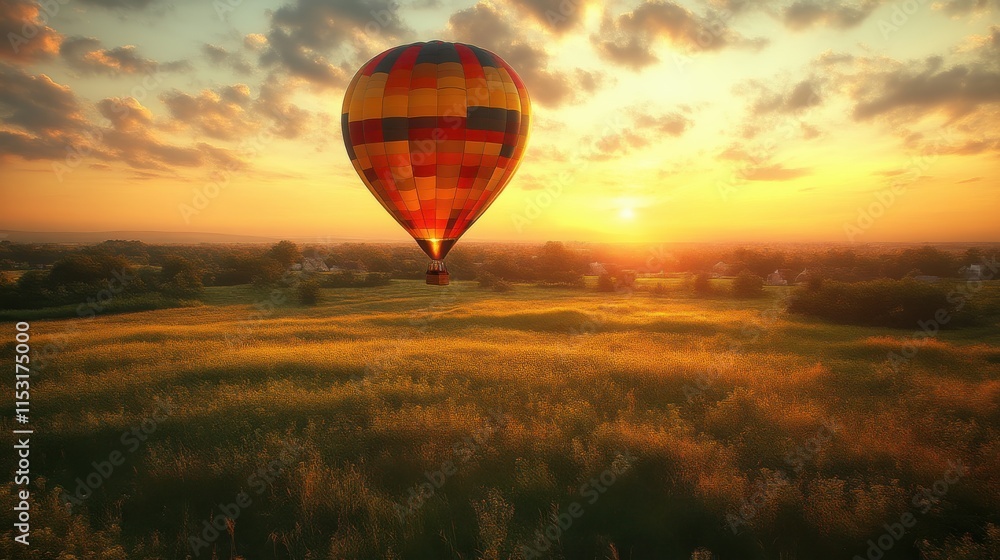 Obraz premium Hot air balloon soaring over golden field at sunset.