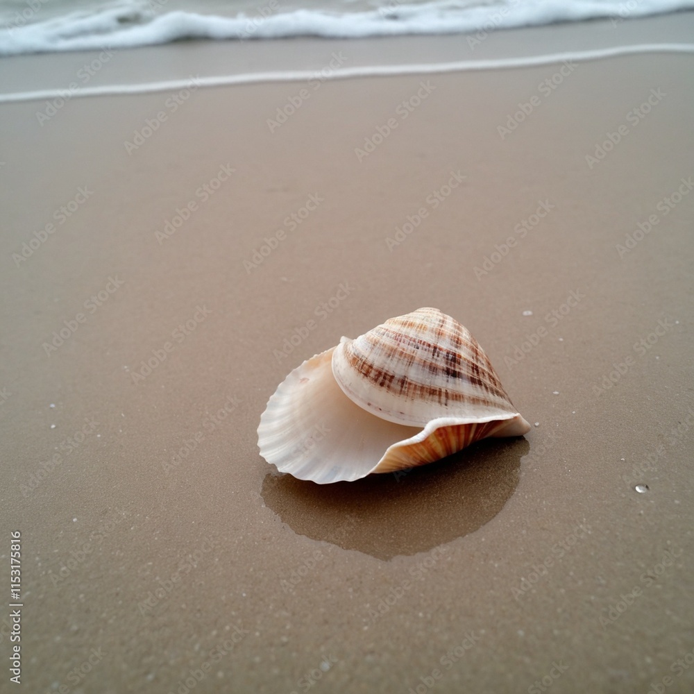 A close-up of a broken seashell resting on wet sand with gentle waves lapping in the background. A close-up of a broken seashell resting on wet sand with gentle waves lapping in the background.