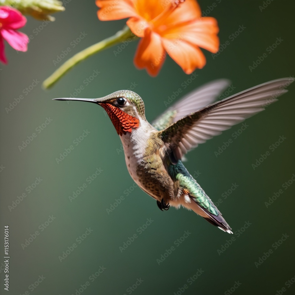 Naklejka premium A high-speed close-up of a hummingbird hovering near a flower, its wings blurred to capture motion.