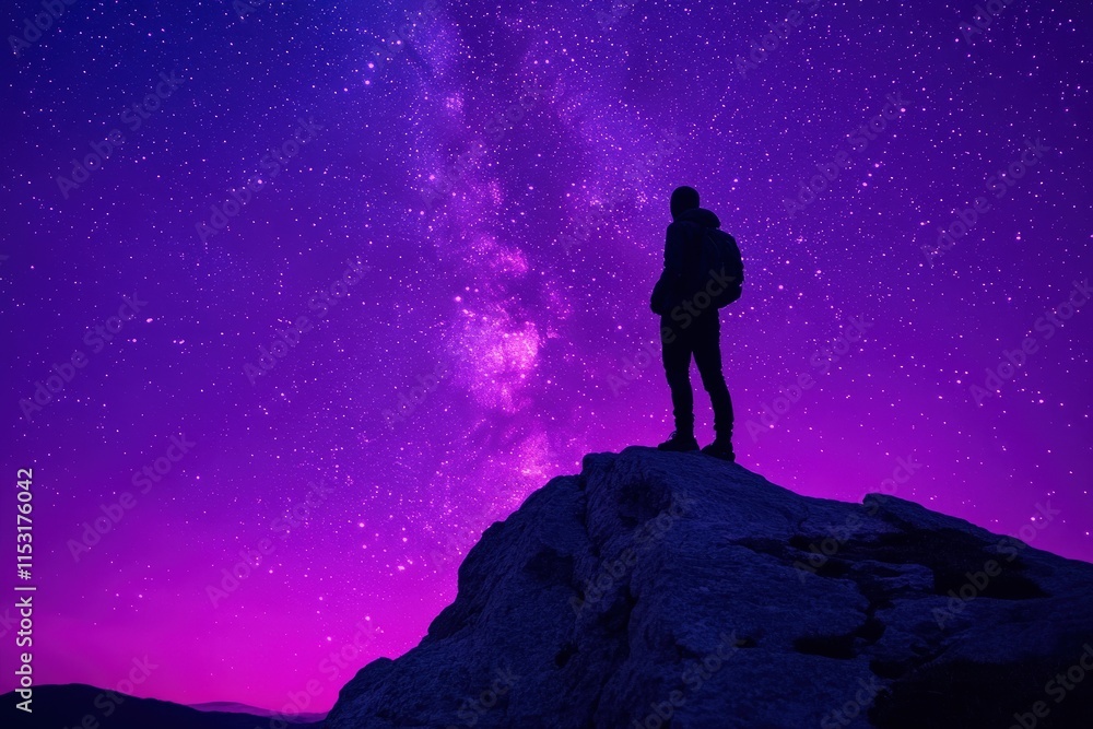 Obraz premium Silhouette of a lone hiker against a vibrant purple starry sky, capturing the awe of nature and the cosmos.