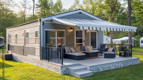 Modern Grey Cabin with a Covered Deck