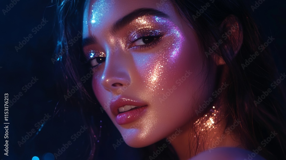 Obraz premium Radiant Beauty with Glittering Makeup. Stunning Portrait of a Woman