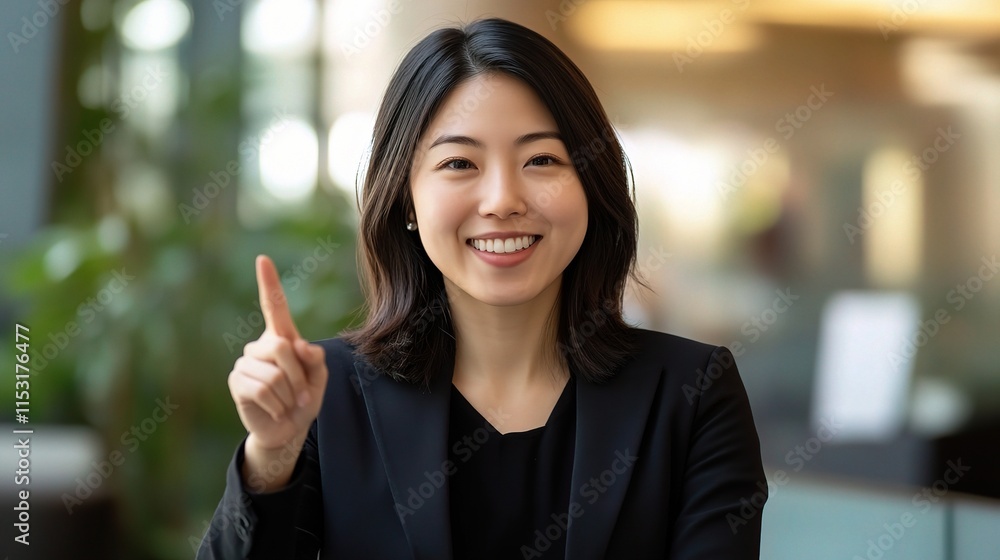 Confident Asian Businesswoman Pointing Up with a Positive Expression Confident Asian Businesswoman Pointing Up with a Positive Expression