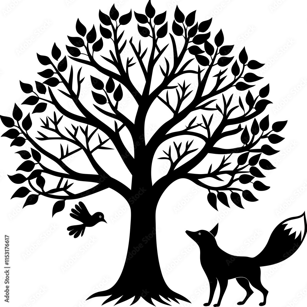 Fox, Bird, and Tree: A Nature-Themed Illustration Fox, Bird, and Tree: A Nature-Themed Illustration