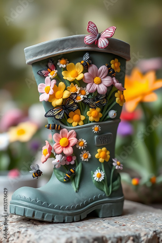 Sculptural clay art featuring a rubber boot filled with spring flowers, bees, and butterflies.

