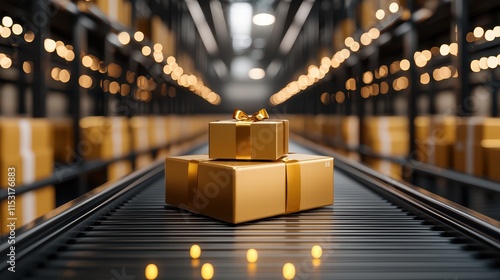 Gold gift boxes on conveyor belt in a modern warehouse setting with blurred background. photo