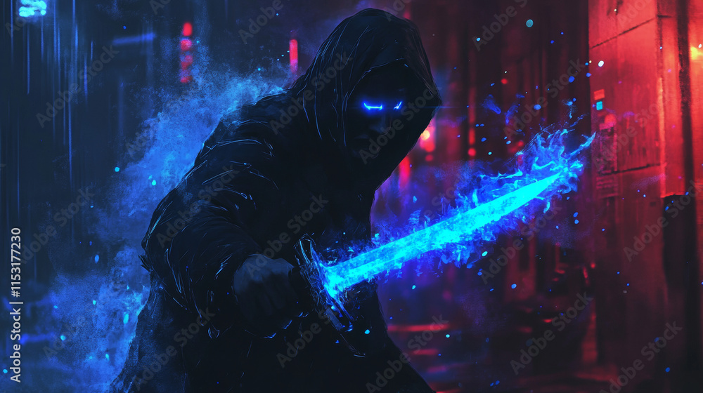 Fototapeta premium Self-defense of blue glowing dots. Assault on a man with a knife