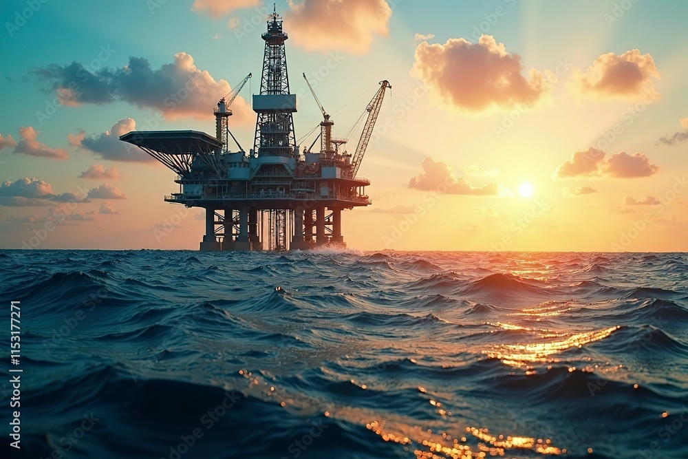 Oil drilling platform standing tall in the vast ocean, symbolizing human innovation and the quest for energy amidst nature's vastness. Oil drilling platform standing tall in the vast ocean, symbolizing human innovation and the quest for energy amidst nature's vastness.