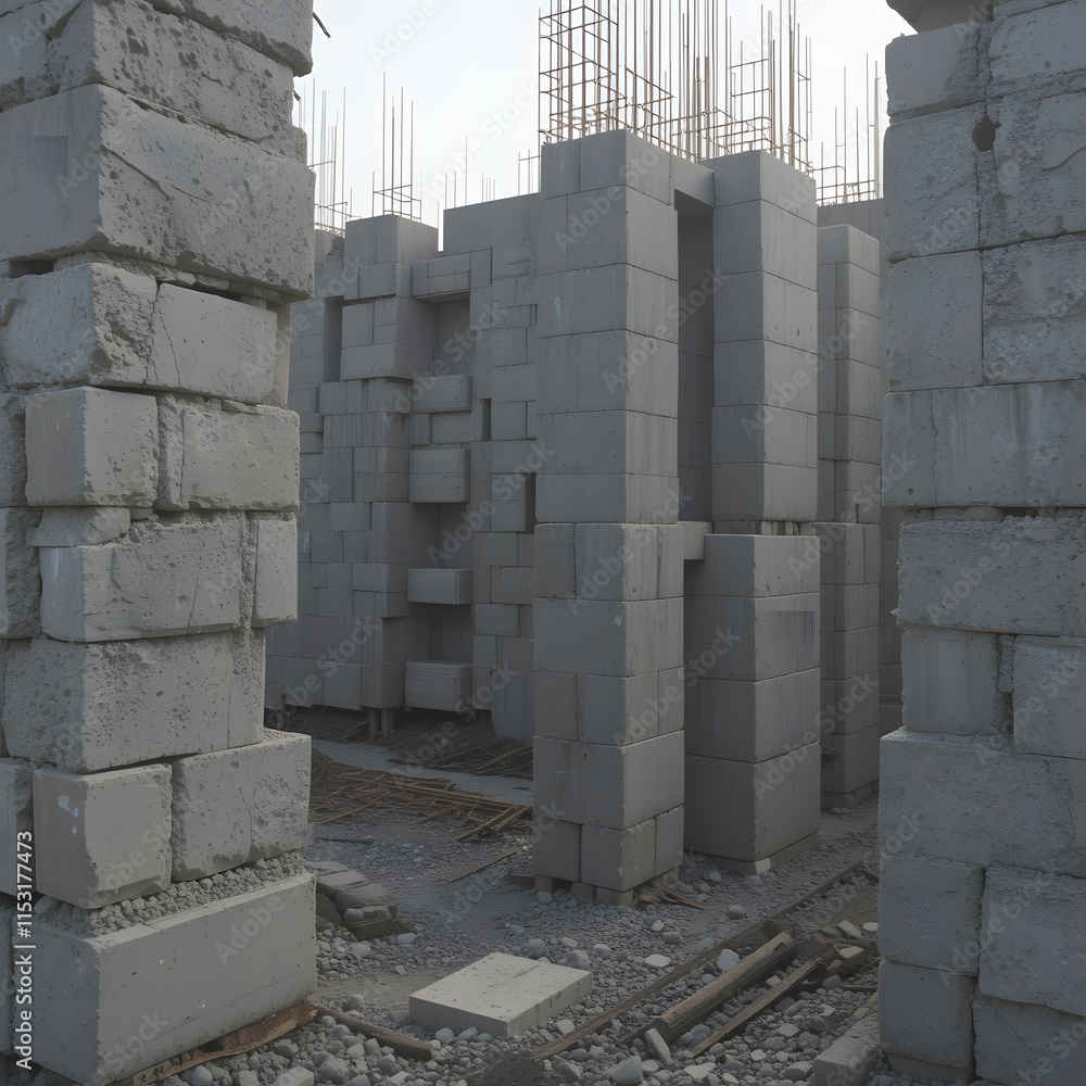 Obraz premium Building walls with aerated concrete blocks on construction site
