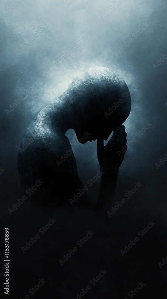 Obraz premium A silhouette of a person appears to be in deep thought, surrounded by a misty, ethereal atmosphere, evoking feelings of introspection and melancholy.
