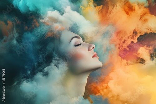 Dreamlike Portrait of a Woman with Flowing Hair Merging into Ethereal, Colorful Clouds photo