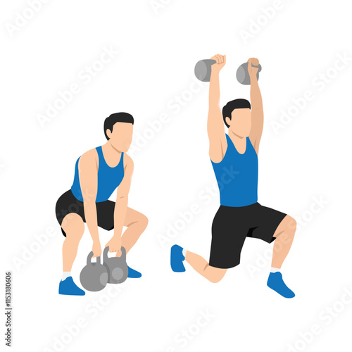 Man doing Double kettlebell dead split snatch exercise. Flat vector illustration isolated on white background