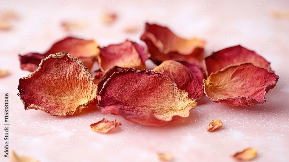 Dried rose petals scattered on a pink surface. Ideal for romantic or sentimental projects. Dried rose petals scattered on a pink surface. Ideal for romantic or sentimental projects.