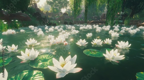 Tranquil Water Lily Pond with Beautiful Blossoms and Sunlight