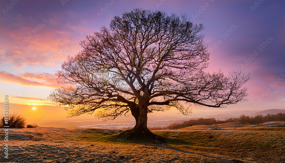 In the tranquil early morning, a magnificent tree stands proudly as its first leaves begin to unfurl, illuminated by the warm glow of the rising sun on a peaceful landscape In the tranquil early morning, a magnificent tree stands proudly as its first leaves begin to unfurl, illuminated by the warm glow of the rising sun on a peaceful landscape