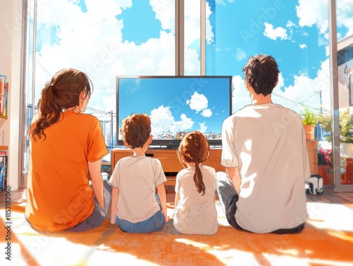 Family enjoying movie night living room digital art cozy atmosphere front view togetherness in anime style