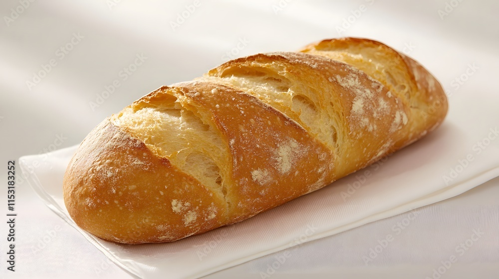 A fresh loaf of sourdough bread with a crispy crust, placed on a white napkin A fresh loaf of sourdough bread with a crispy crust, placed on a white napkin