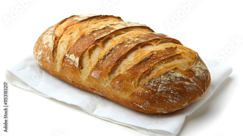 A fresh loaf of sourdough bread with a crispy crust, placed on a white napkin