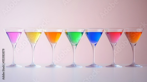 A set of sparkling glass cocktail glasses filled with colorful drinks, placed on a white counter