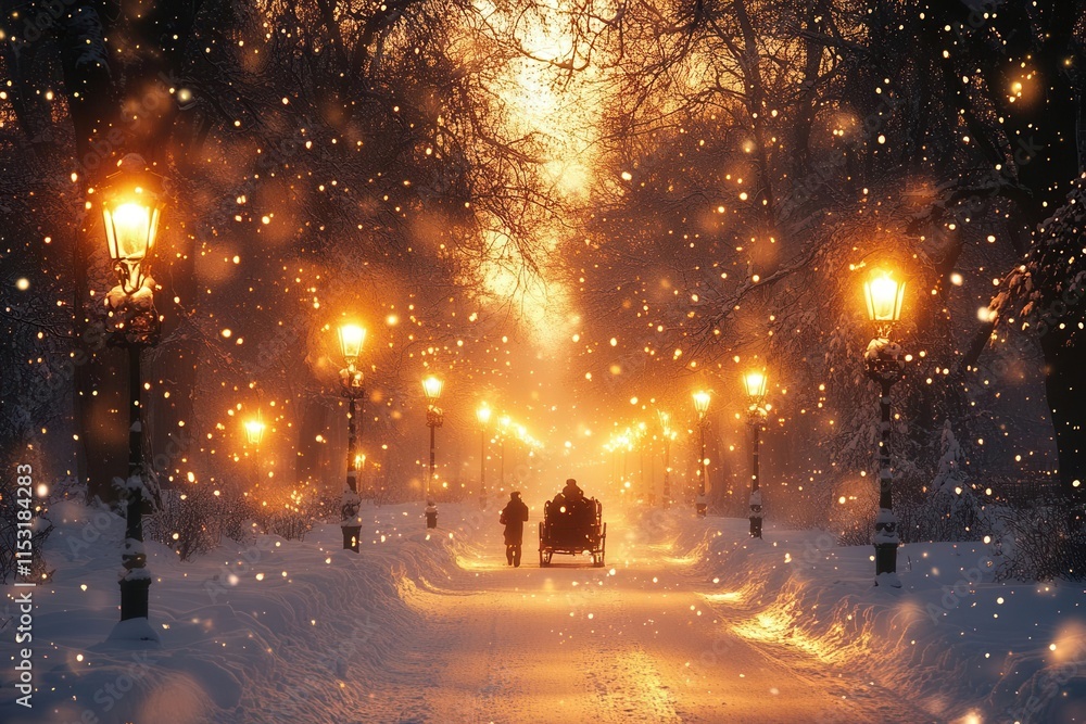 enchanting winter evening scene of a sleigh ride gliding through snowblanketed trees warm lights illuminating the path soft snowflakes falling gently evoking a sense of wonder enchanting winter evening scene of a sleigh ride gliding through snowblanketed trees warm lights illuminating the path soft snowflakes falling gently evoking a sense of wonder