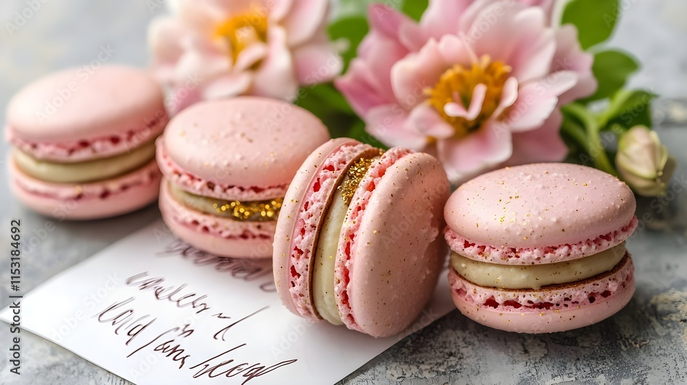 Fototapeta premium pink macarons with gold, flowers, bakery - pastel colors