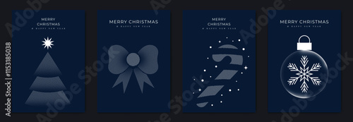 Merry Christmas and Happy New Year greeting card vector set. Luxury invitation with tree, bauble, candy cane, ribbon, spot texture on navy blue background. Design illustration for season's card, ads.