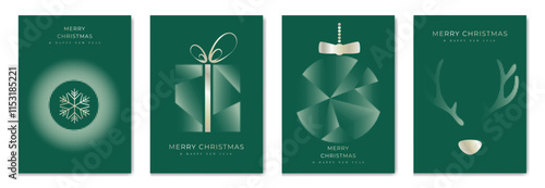 Merry Christmas and Happy New Year greeting card vector set. Luxury invitation with Christmas tree, bauble, candle, spot texture on green background. Design illustration for season's card, ads.