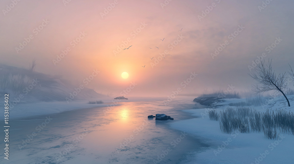Obraz premium Tranquil Winter Sunrise Over Frozen Lake with Misty Atmosphere