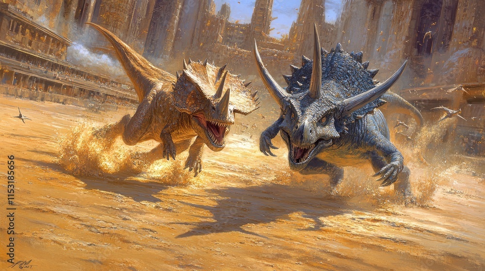Obraz premium Two dinosaur-like creatures running through a sandy, ancient landscape.