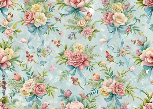 Elegant Watercolor Floral Pattern with Pink Roses and Blue Ribbons
