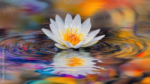 White Water Lily Blooming in Colorful Water photo